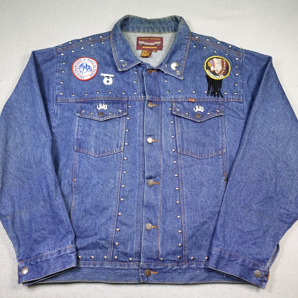 VTG Rustler Denim Jacket Mens XL PRCA Rodeo Cherokee Native Eagle art Patches